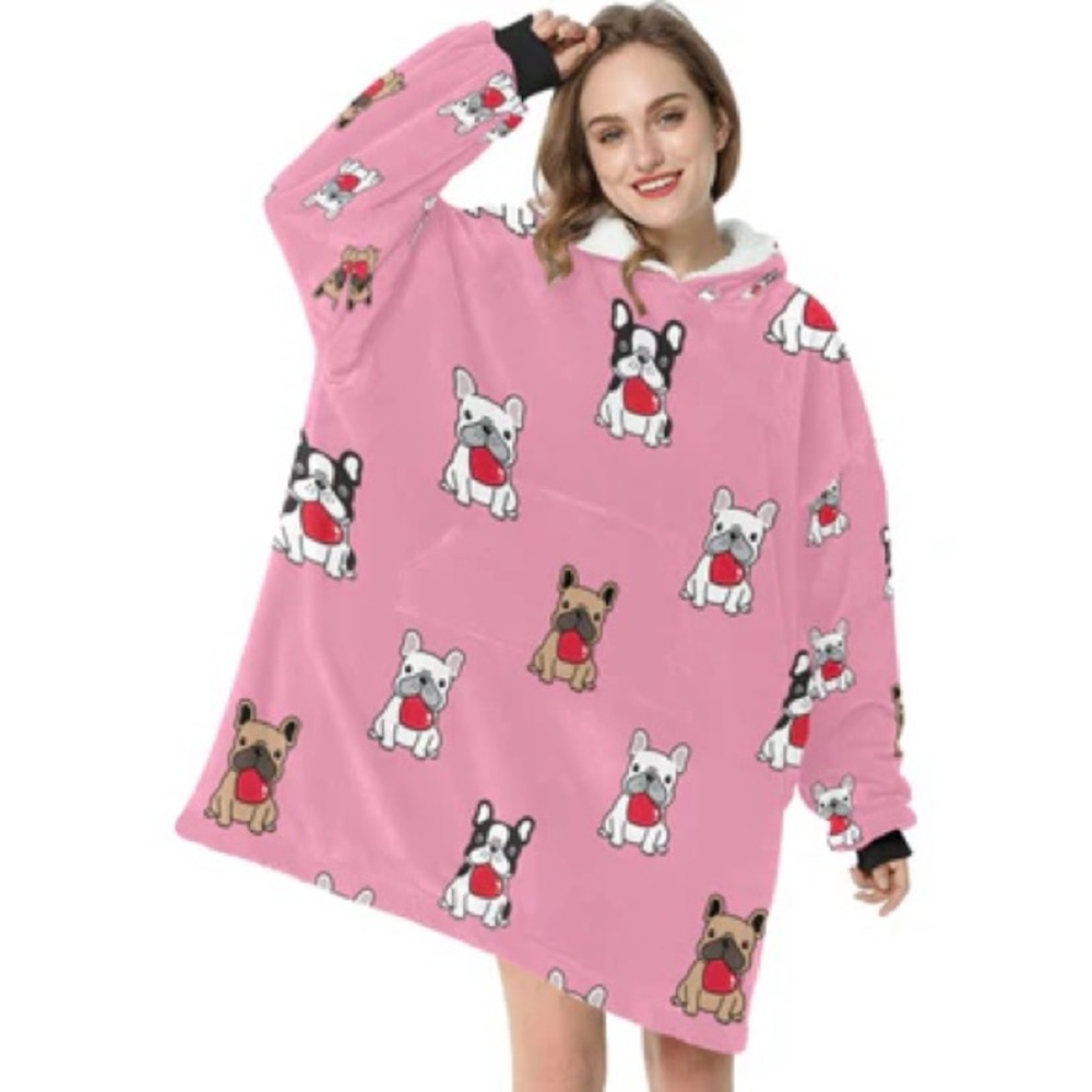 Pink Oversized Hoodie blanket with Bulldog Print